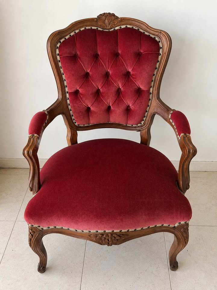 Catalogue photograph of a smaller carved Crimson Salon armchair in burgundy velvet.