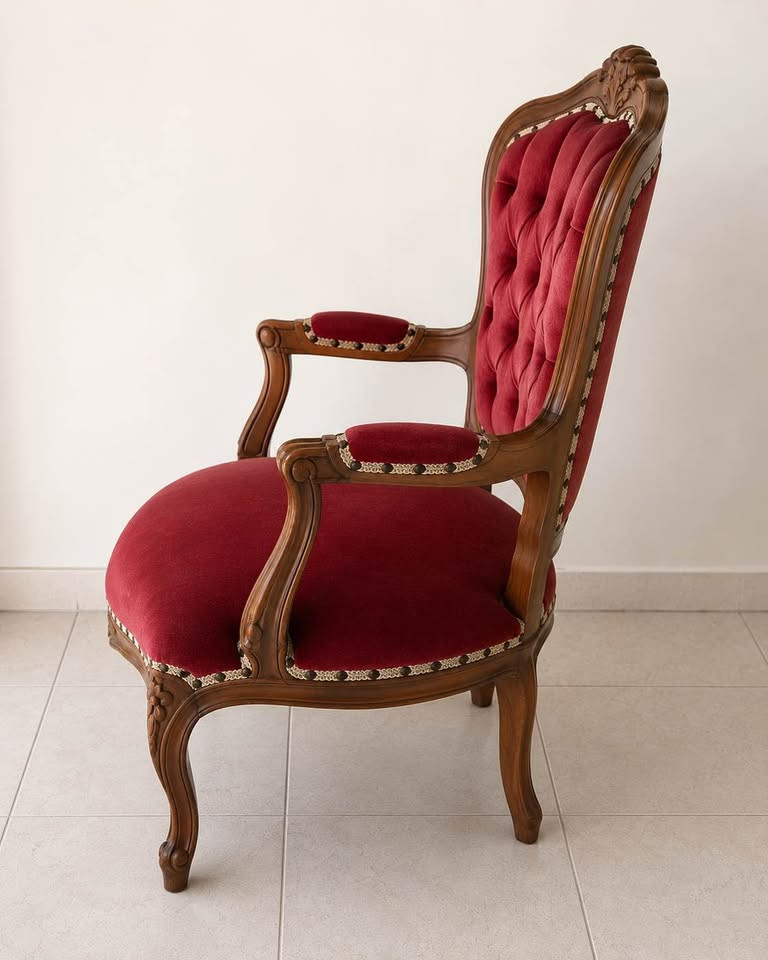 Catalogue side photograph of a smaller carved Crimson Salon armchair.