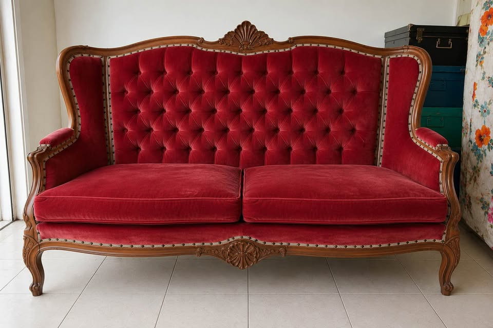 Catalogue photograph of a matching two-seater Crimson Salon settee in burgundy velvet with a carved hardwood frame.