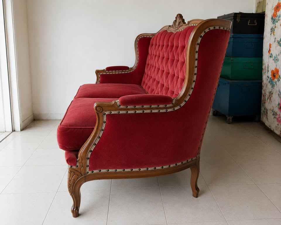 Catalogue side photograph of a Crimson Salon two-seater settee, showing curved arms and cabriole-style legs.