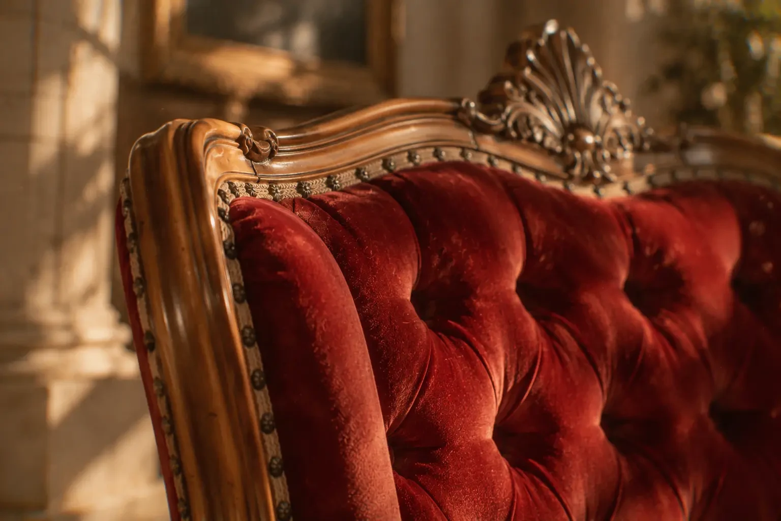 Detail of deep button tufting, braided decorative trim, stud accents and carved hardwood on a Crimson Salon piece.