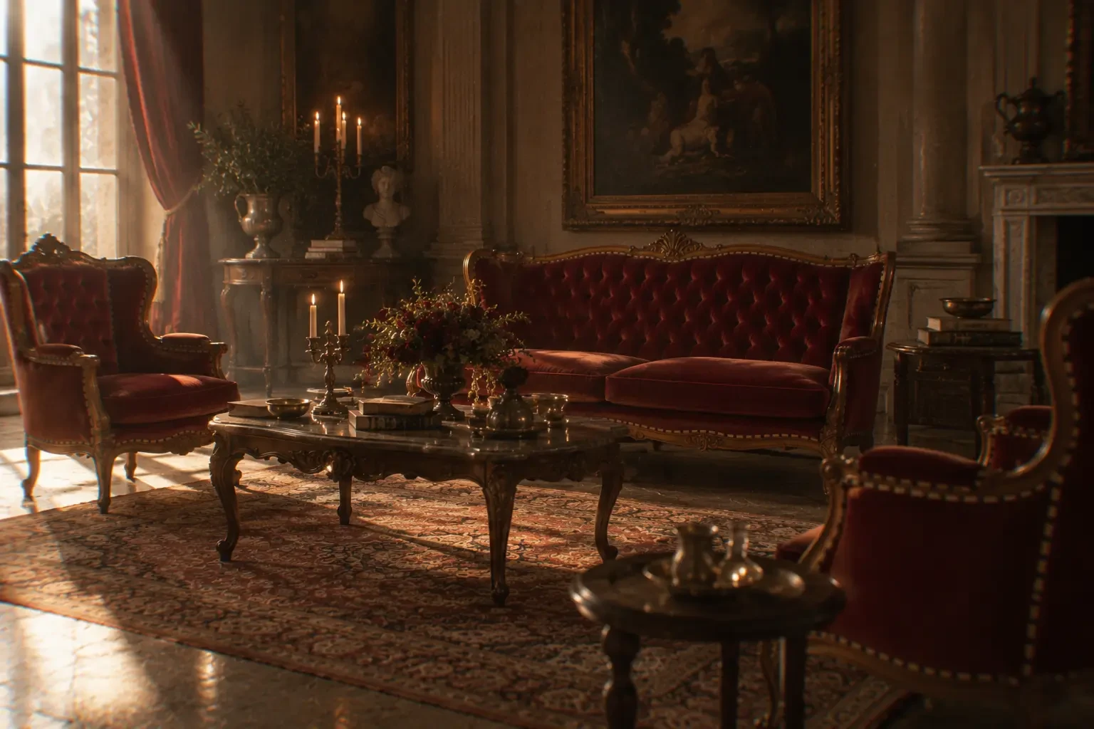 Styled application: period seating used as production dressing. Furniture hire only — setting and other objects are not included.