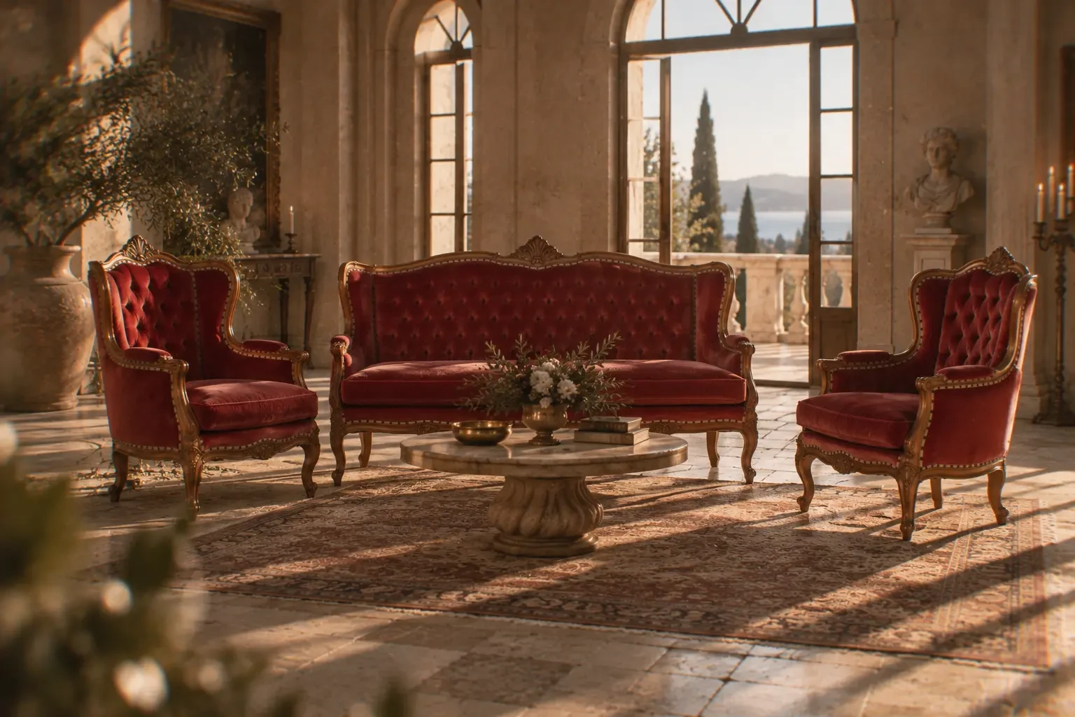 Styled application of a Crimson Lounge grouping: one settee and two armchairs. Setting and other objects are not included in the hire.