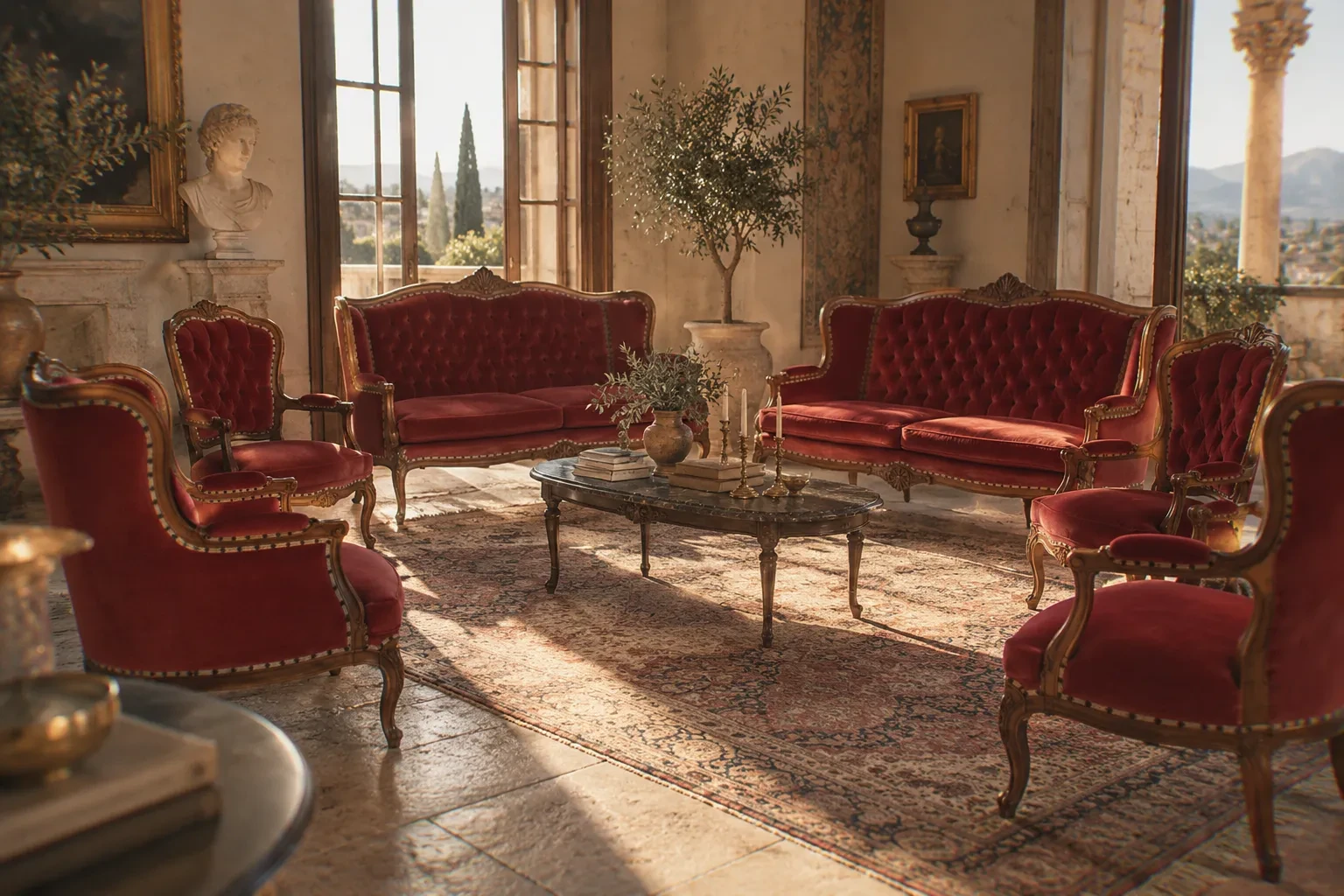 Styled interior showing period seating from The Prop Salon. Furniture hire only — room and other objects are not included.