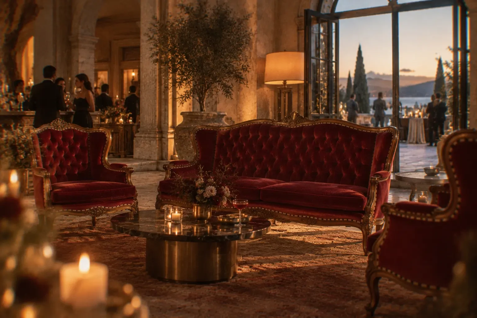 Styled application of Crimson Salon seating at a hospitality gathering. Furniture hire only — venue, guests and other furnishings are not included.